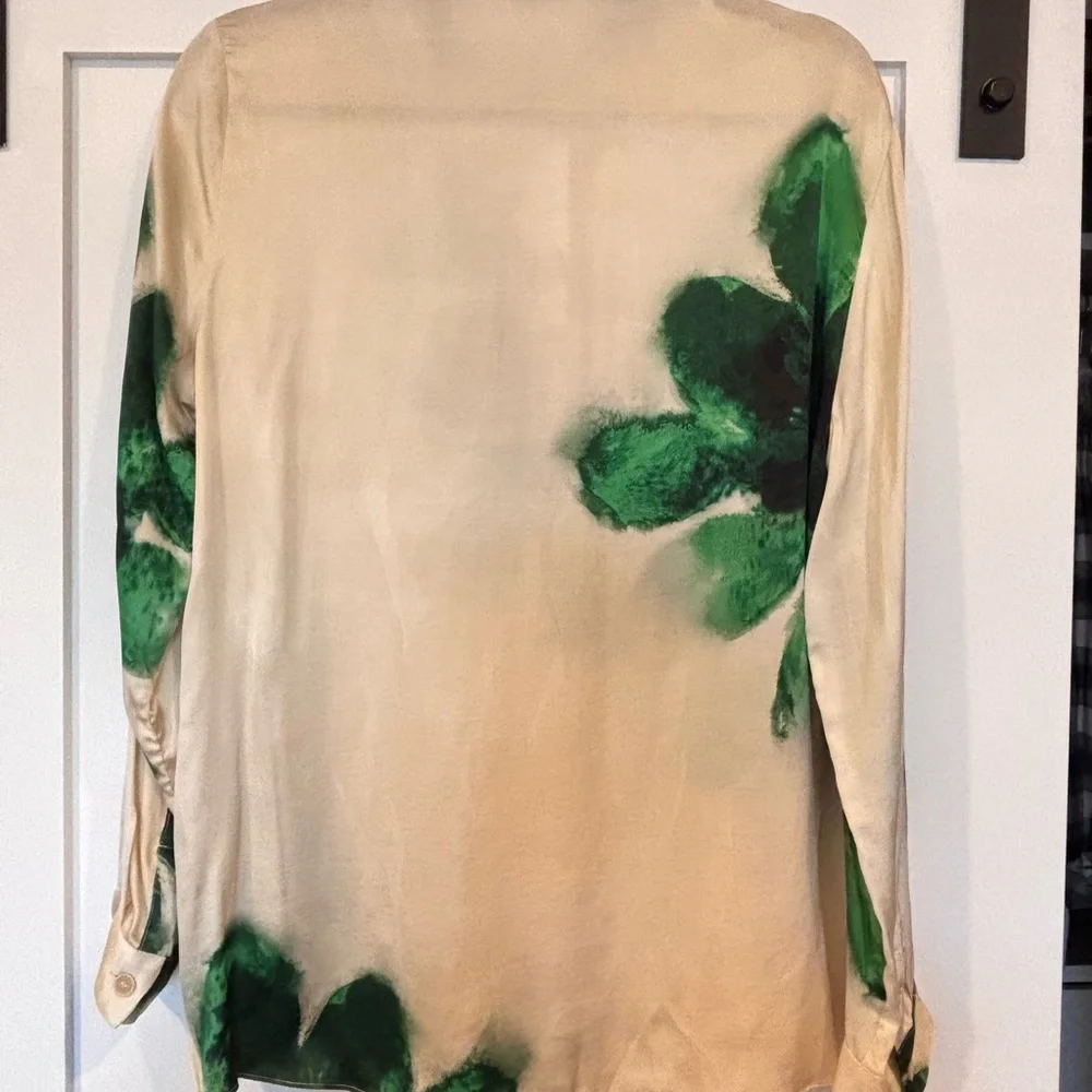 Zara Cream and Green Floral Silk Button-Up Shirt - Picture 2 of 9